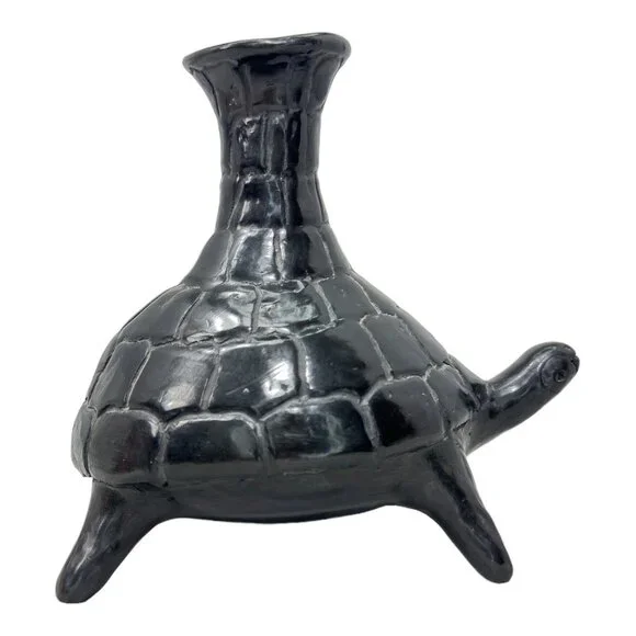 Barro Negro de Oaxaca Handmade Black Mexican Clay Tortoise VNTG Vase 7" H x 8" W - Picture 6 of 8